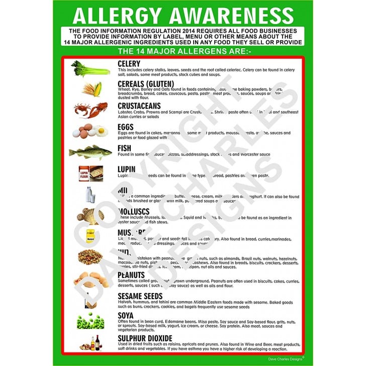 FOOD ALLERGY AWARENESS SIGN A4 LIST (297mm x 210mm) LAMINATED 400g 14 ...